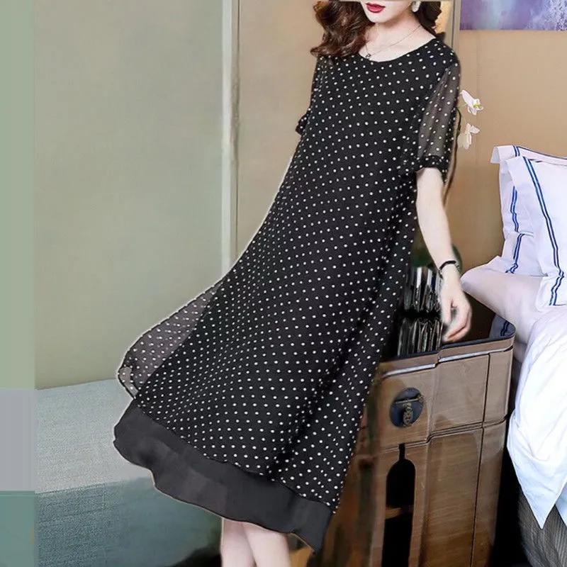 Female Summer Loose and Slimming Mid Length Chiffon Dress, Elegant and Polka Dot Skirt for Mothers