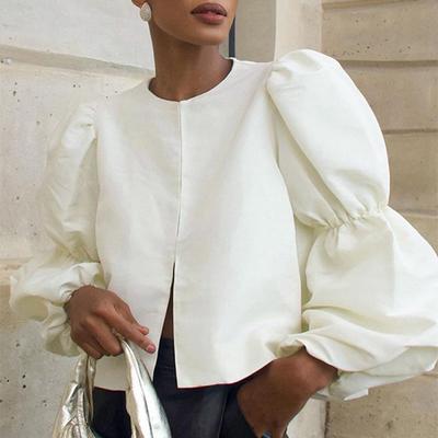 Satin Puff Sleeves Tops Women's Short Shirt Solid Color Loose Casual O-Neck Blouses Elegant Office Lady New Fashion Spring