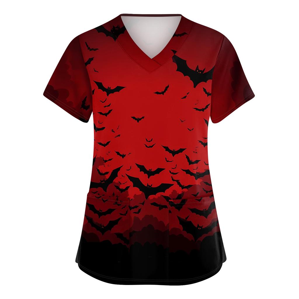 Women V Neck Short Sleeve Work Shirt Double Side Slit with Pockets Halloween Print Top Casual Comfortable Fit