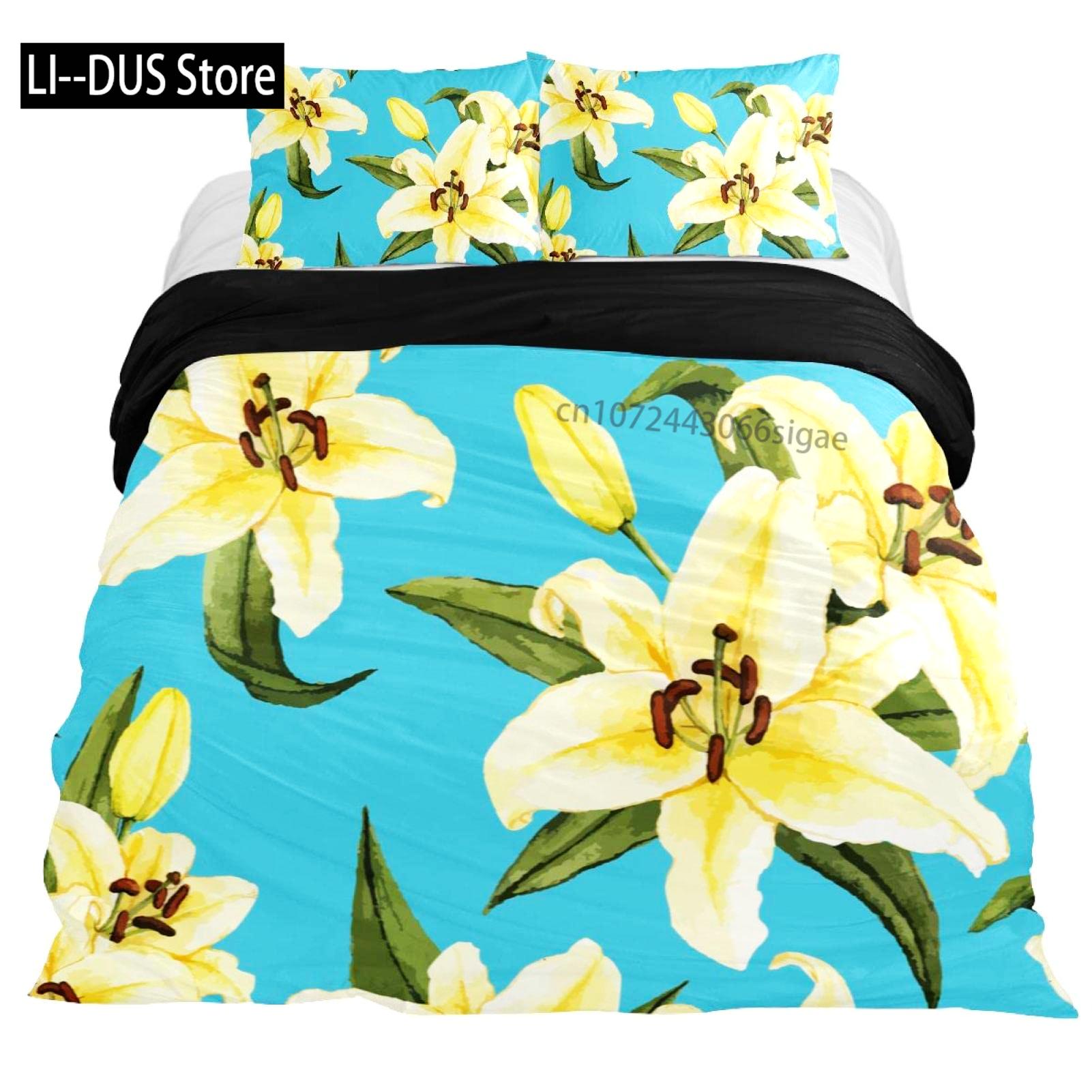 

Blooming Lily Flowers Duvet Covers Set Full Size Soft Comforter Bedding Set for Kids Women Men, 1 Duvet Cover and 2 Pillowcase 135x200cm