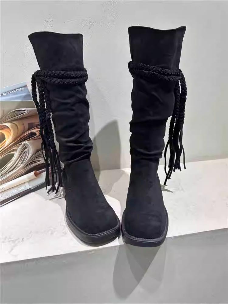 

Wasteland wind~ retro fringed boots women s autumn and winter new thick heel long western boots V-mouth thin pleated knight boots 40 чёрный