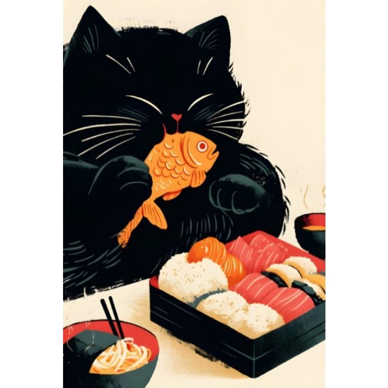 

Vintage Japanese Cat Eat Ramen Sushi Maneki Neko Poster Kitchen Wall Art Apanese Cat Neko Wall Decor Canvas Painting Restaurant 21cm×30cm NoFrame