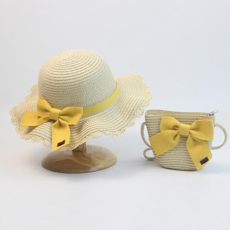 Strohhut & Schultertaschen-Set für Kinder Mädchen Breitkrempiger Sonnenhut Atmungsaktiver Strohhut Outdoor Strand Kopfbedeckung Schleifentasche