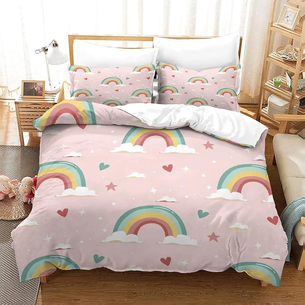 Comforter Rainbow Heart Love Bedding Set Microfiber Colorful Rainbow Clouds Comforter Twin King Size For Kids Girls