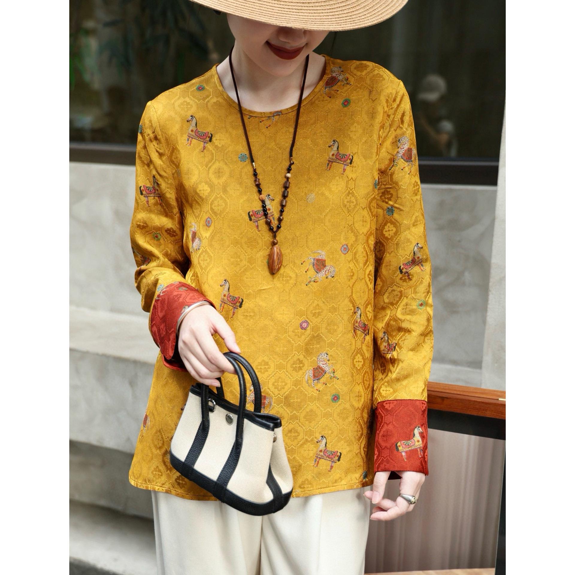 Golden Saddle Jacquard Silk Xiangyun Women s Round Neck Shirt - Spring 2026 Chinese Style Top M жёлтый