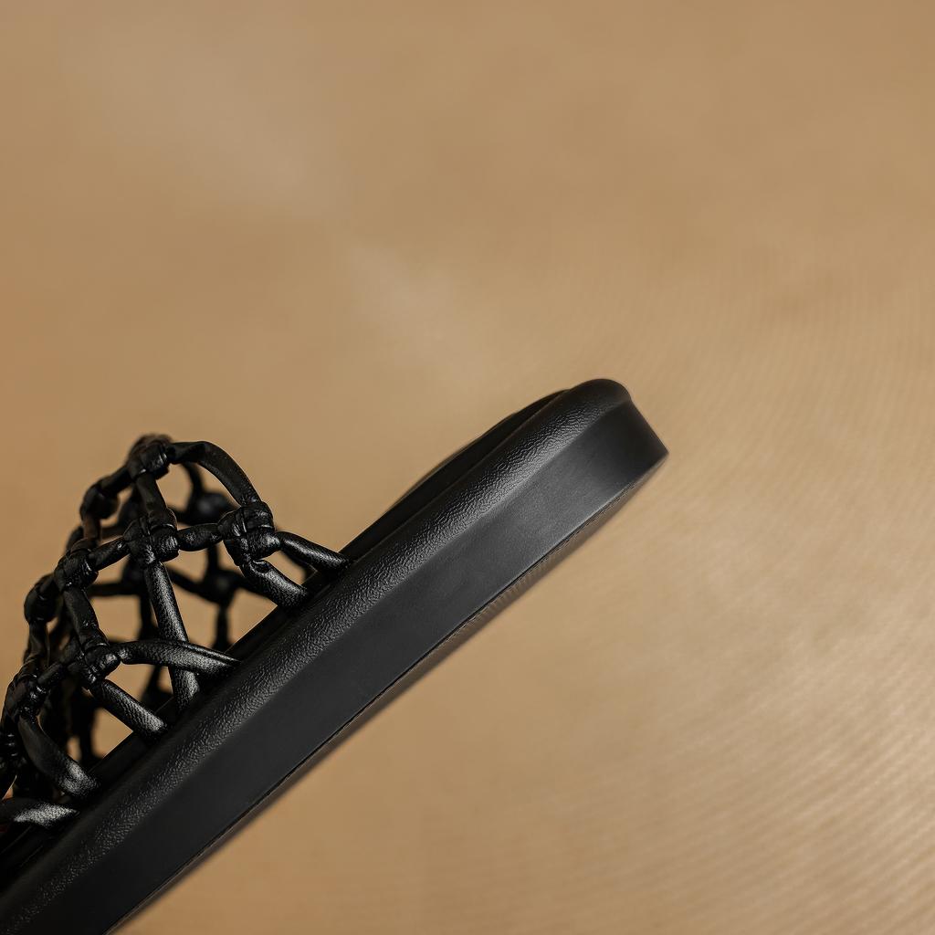 Fashion Women's New Summer Round Toe Open Toe Woven Breathable Genuine Leather Sheepskin Thick Sole Low Heel Fashion Slippers