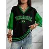 Summer New Brazil Print T Shirt For Women V-Neck Patchwork Short Sleeve Sports Football Jersey Y2K Loose Oversized Surfing Tops