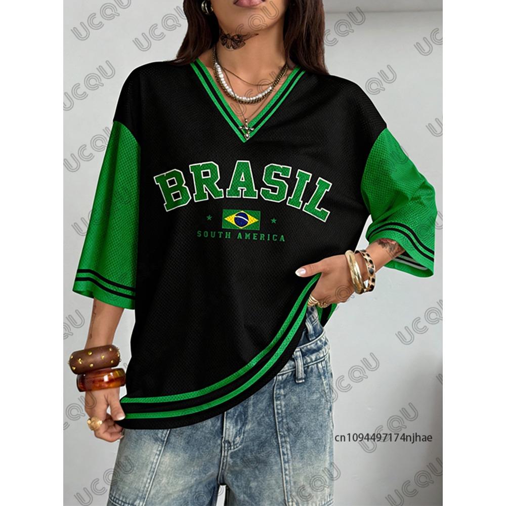 Summer New Brazil Print T Shirt For Women V-Neck Patchwork Short Sleeve Sports Football Jersey Y2K Loose Oversized Surfing Tops