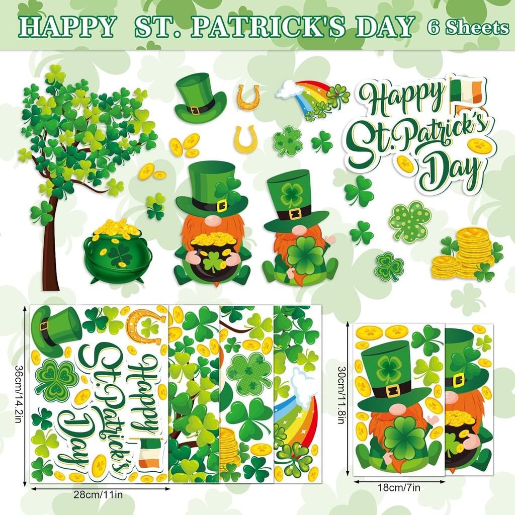 Whaline 6 Sheets St. Patrick's Day Window Clings Large Clover Tree Gnome Window Decals Double-Sided Green Shamrock Gold Co Windows Decor for Irish