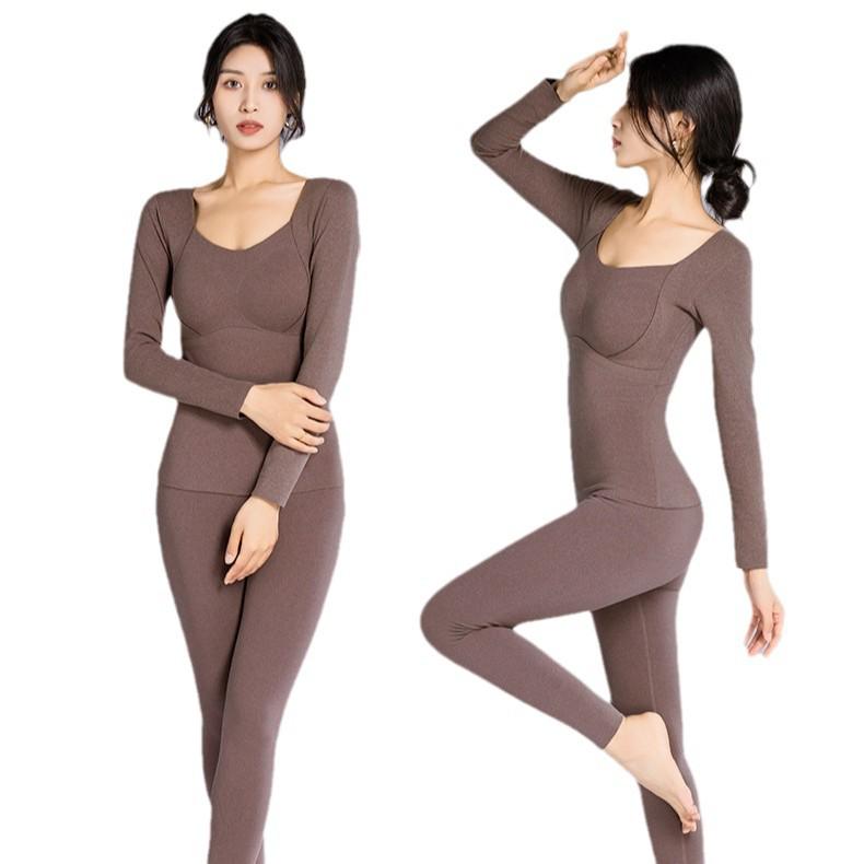 Women's Graphene Fleece-Lined Long Sleeve Underwear with Built-in Bra - 8866 Base Layer Top for Autumn/Winter