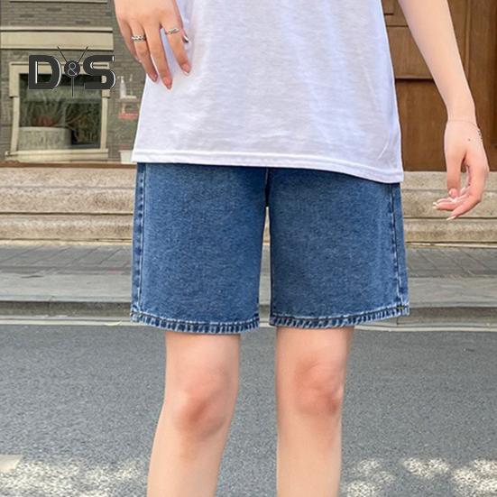 Women Knee Length Jeans A-line Adjustable Buttoned Waist Zipper Closure Plus Size Pockets Vintage Solid Color Loose Lady Denim Shorts Casual Short