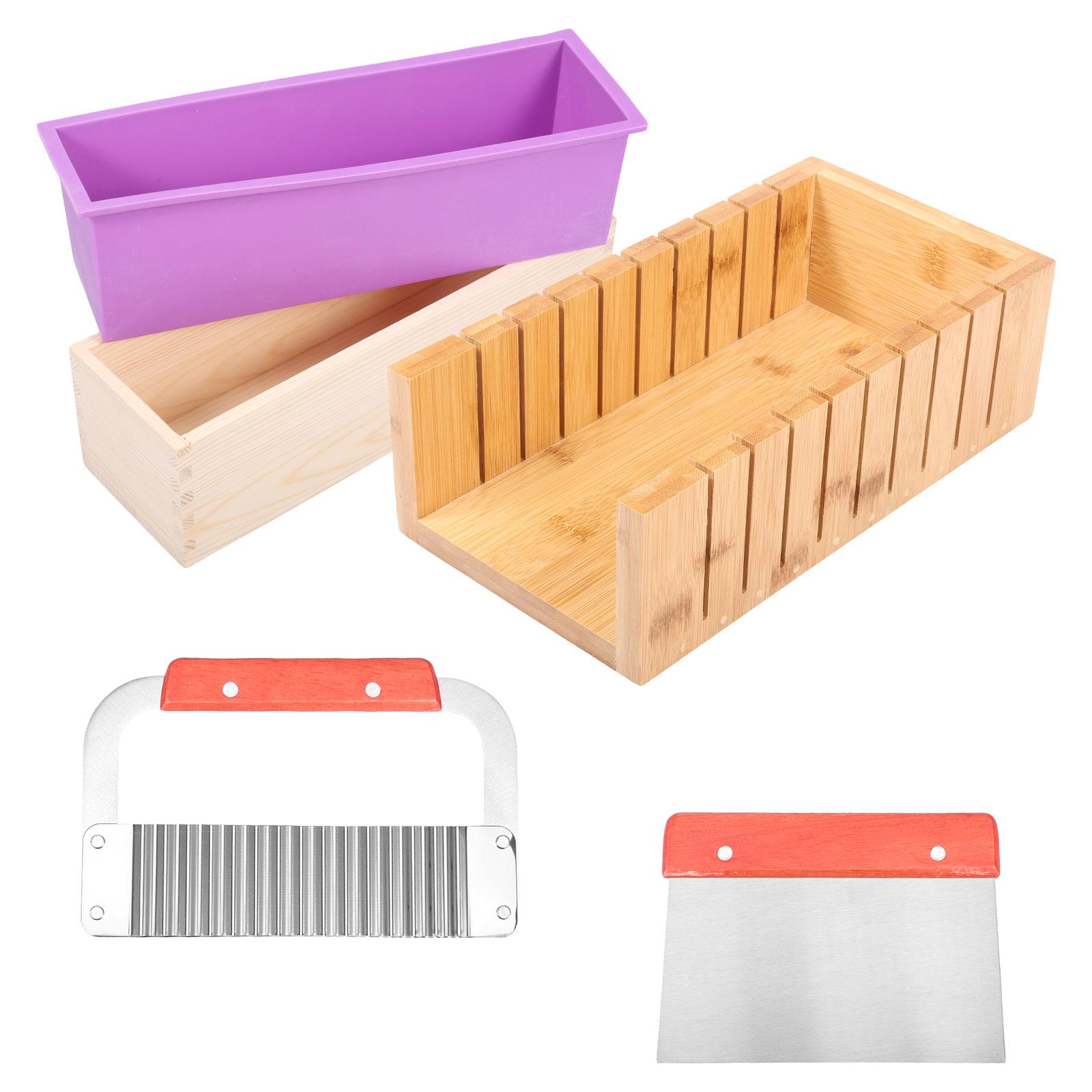 

DIY Handmade Soap Making Kit Bamboo Cutting Box and Inner Box with Silicone Mold Stainless Steel Straight/Wavy Cutter for Home
