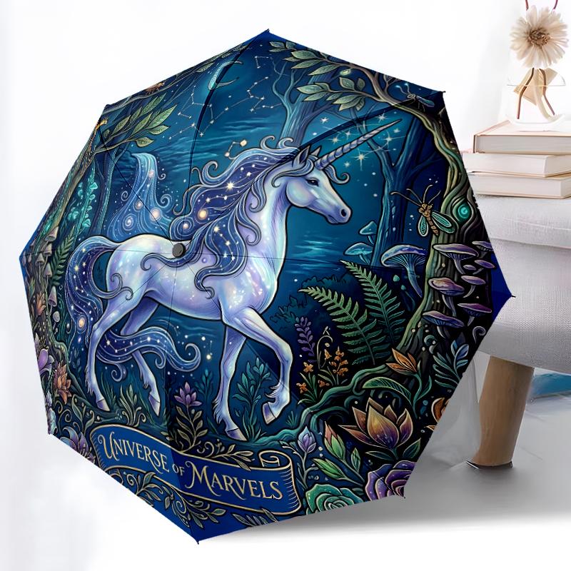 1pc Sturdy 8-Bone Auto Umbrella, Starry Night Pink Mane Unicorn Umbrella, Digital Printed, Foldable Umbrella for On-the-Go Outdoor Use
