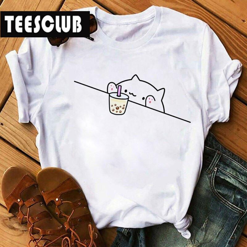 Milk Tea Cat Print Bubble Tea Animal TShirt Unisex Couple Trendy Personalized Womens Clothing Soft Cotton Short Sleeve Tshirt