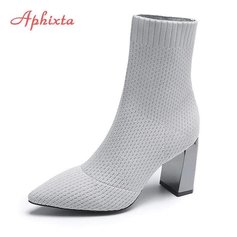 Fashion Aphixta Metal Blade Heels Socks Boots Women Stretch Fabric Elastic Stilettos Heel Pointed Toe Ankle Boots Shoes Woman Boats