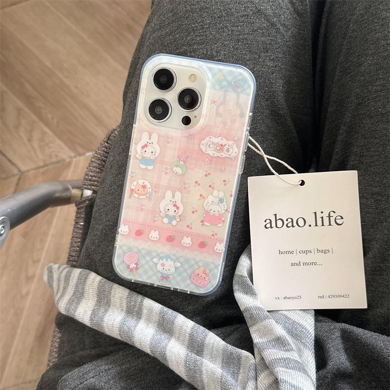 

Cherry Blossom Rabbit and Cat Patchwork Plaid Phone Case for iPhone 16/15 Pro Max/14/13 iPhone 16 Pro