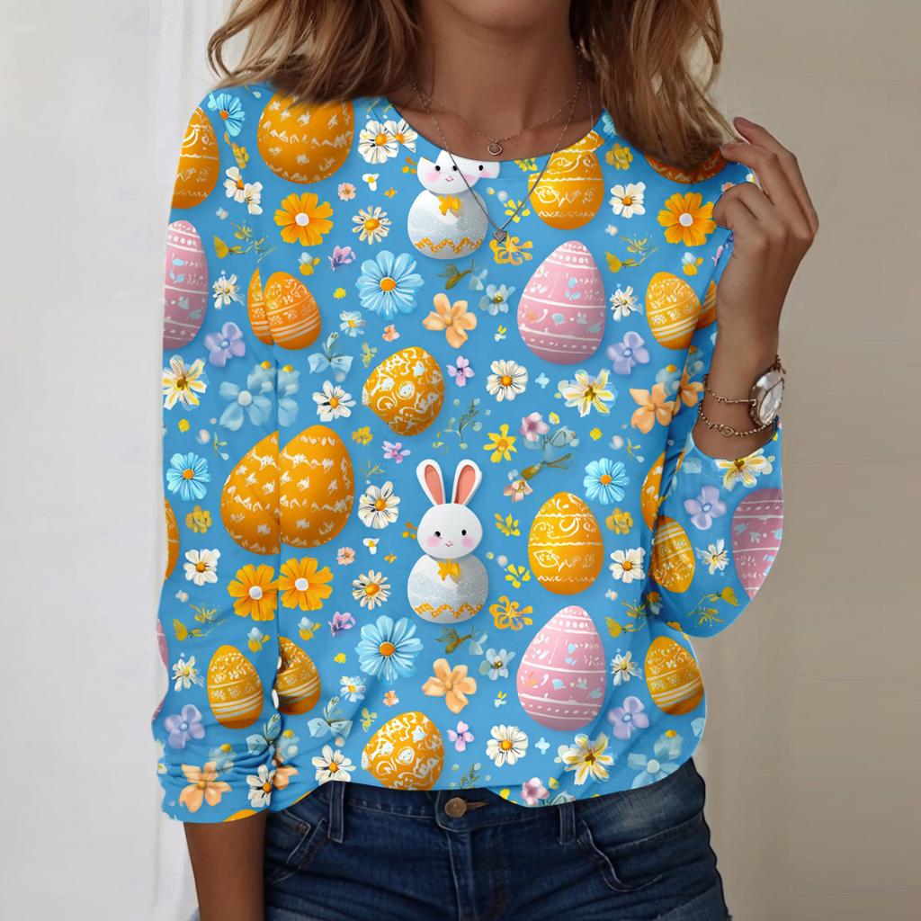 Women's Daily Casual Long Sleeved Easter Printed Round Neck Top