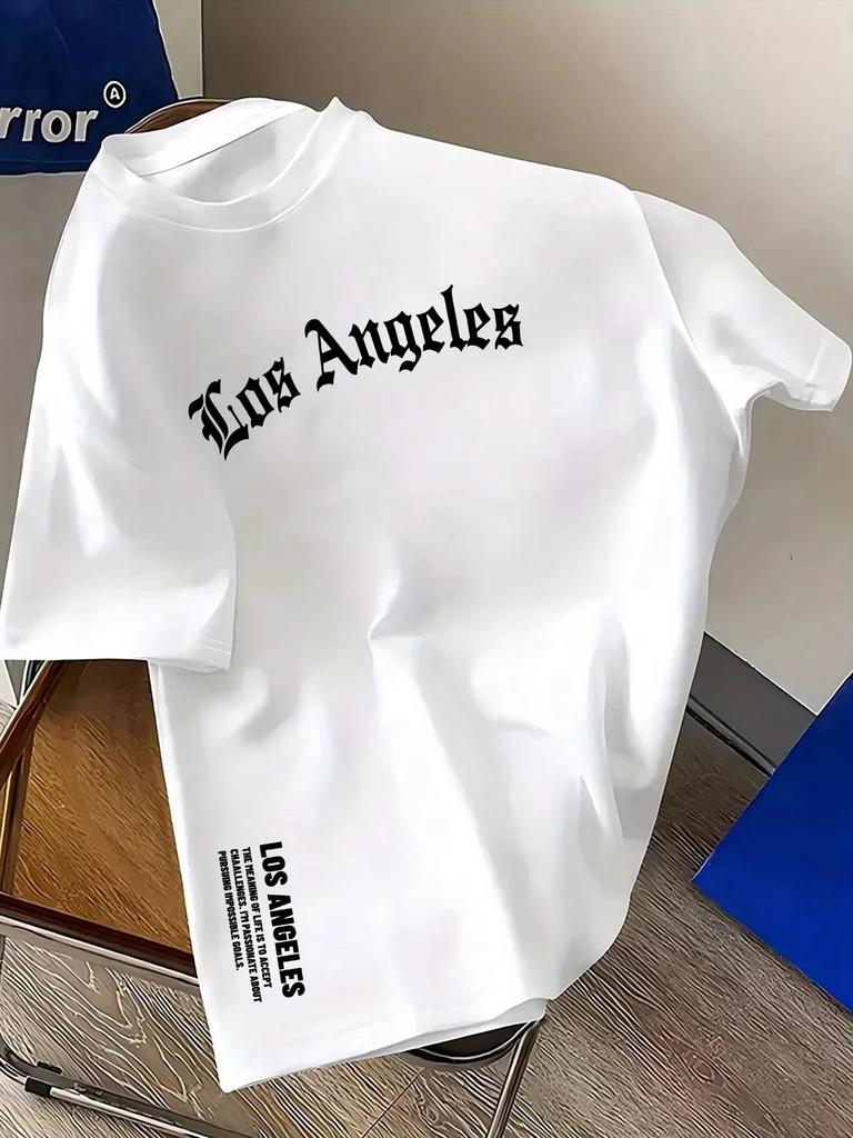 2025 Men's Summer 100_ Cotton Fashion Los Angeles Letter Printed Loose Large Casual Comfortable Round Neck Short Sleeve T-shirt
