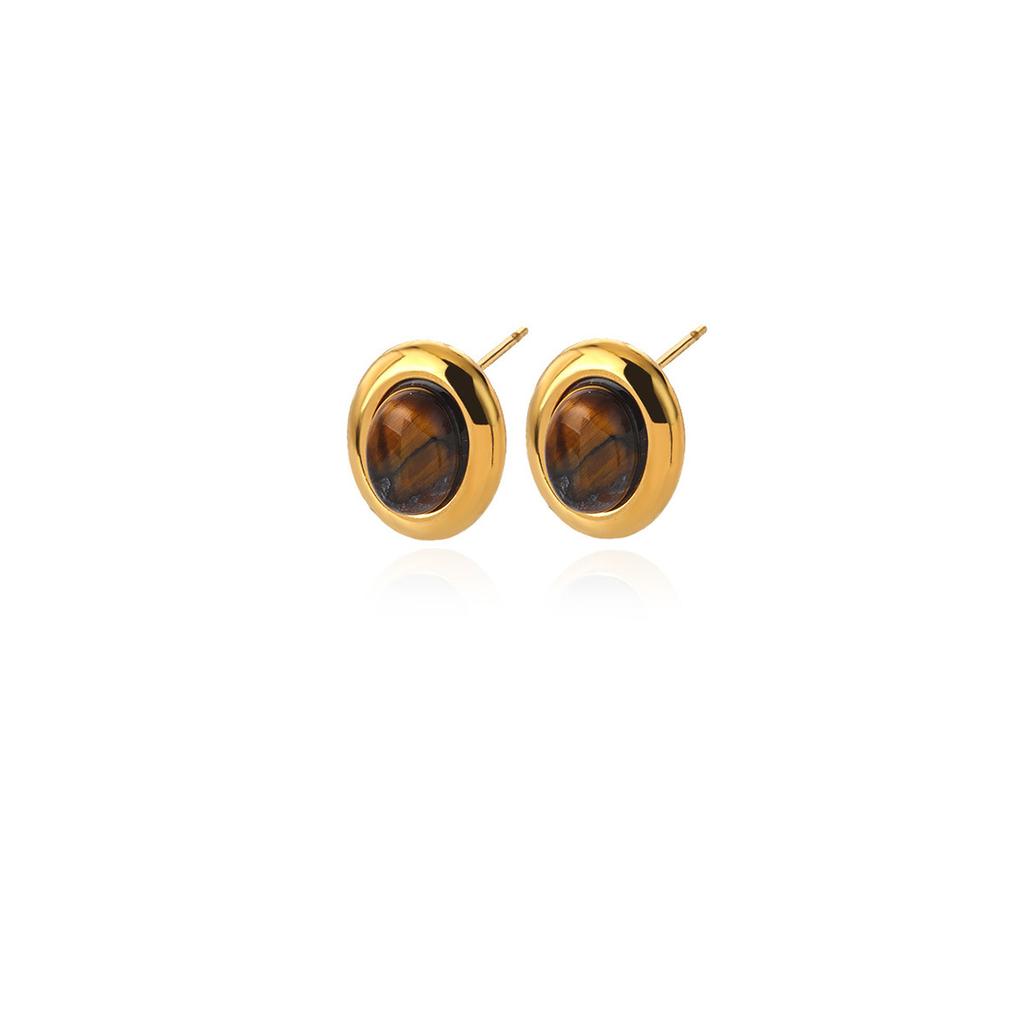Oval Pearl‑Amber‑Stone 18K Gold‑Plated Stud Earrings, Versatile Women Ear Jewelry
