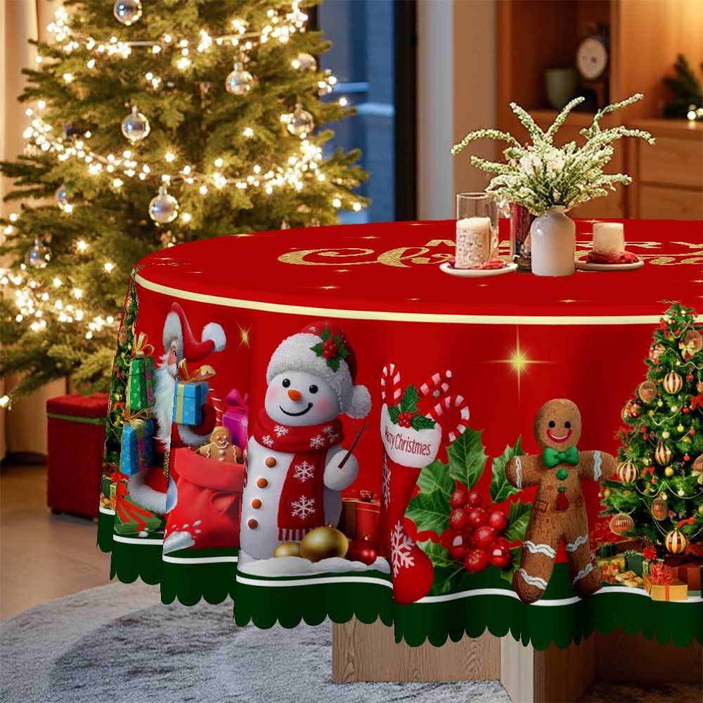 Christmas Round Tablecloth Cartoon, Santa Claus Gingerbread Man Snowman Print, European Table Cloth Restaurant Decoration