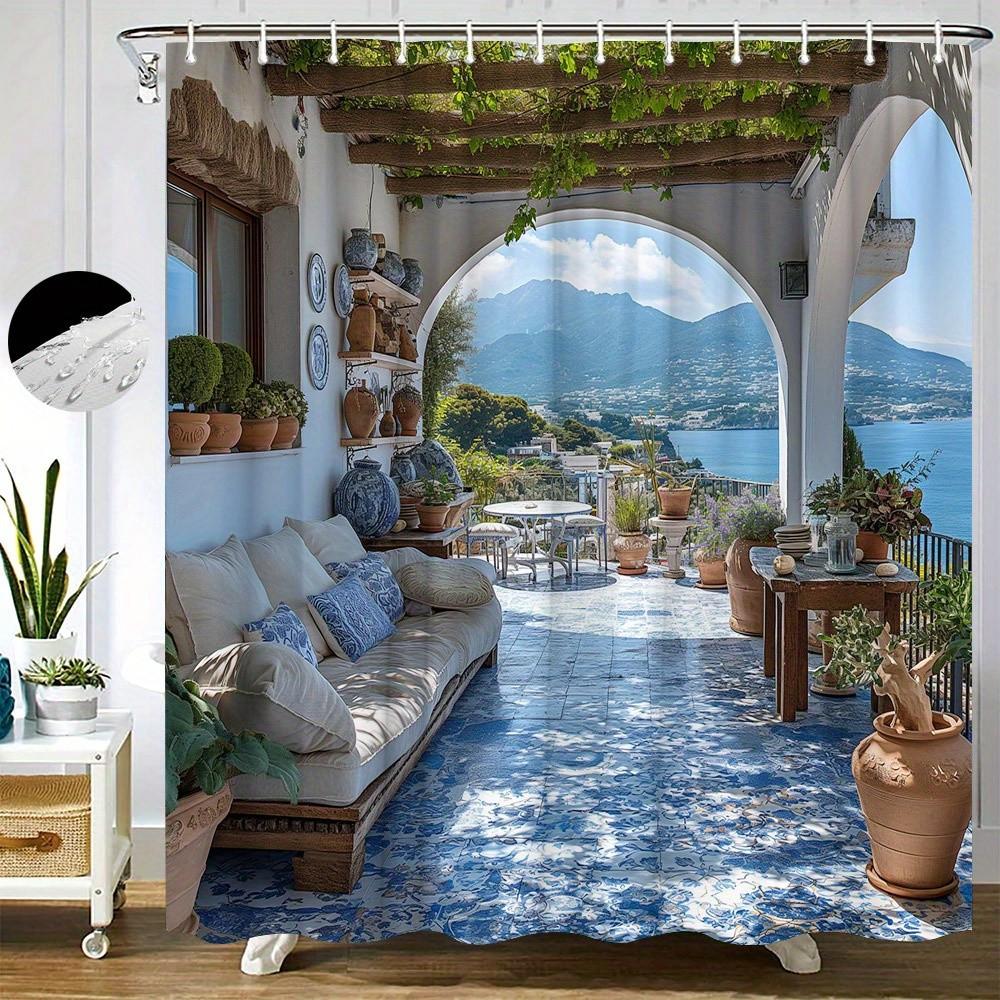 3D Villa Shower Curtain Sea View Balcony Garden Design Mediterranean Style Calm Nature Decor Waterproof Printed Bath Curtain