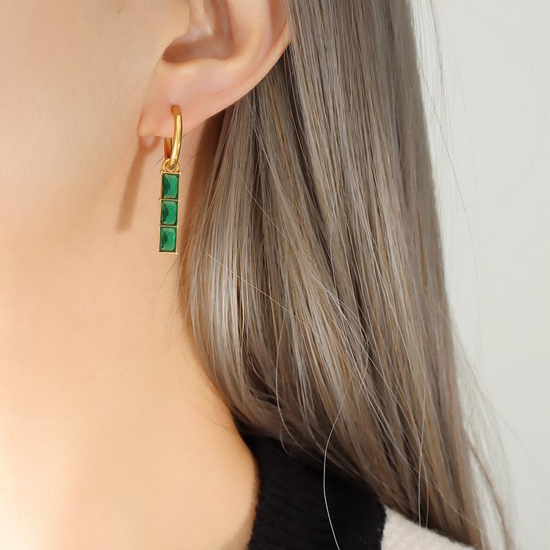 Non-Fading Green Glass Stone Earrings with Trendy Stripe Design in Gold-Plated Titanium Steel