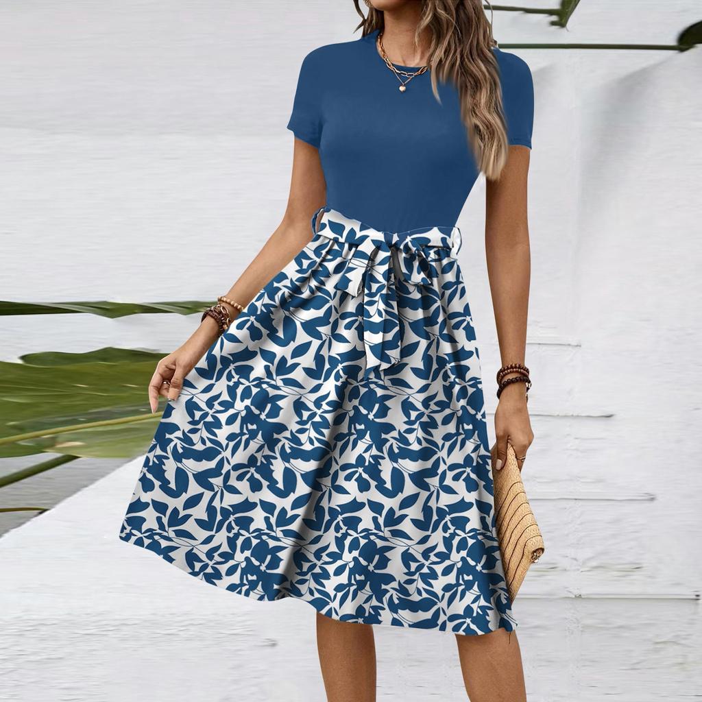 Women's Fashionable Retro Patterned Printing Color Blocked Belt Casual Dress