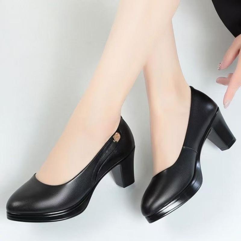 Fashion Womens High Heels 2025 Autumn New Soft Leather Soft-soled Mother Shoes Middle Heel Comfortable Breathable Non-slip Work Shoes