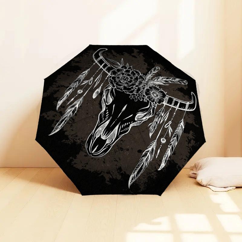 1PC Bull Skull Feathers Pattern Small Travel Compact Windproof Umbrella, Automatic Folding Umbrella, Automatic Open/Close ,Gift-161