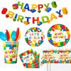133pcs Building Blocks Birthday Party Supplies - Building Blocks Party Tableware Set-Building Block Party Plates Napkins Tablecloth Banner Etc