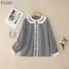 ZANZEA Women Floral Splice Doll Collar Casual Long Sleeve Plaid Print Blouse