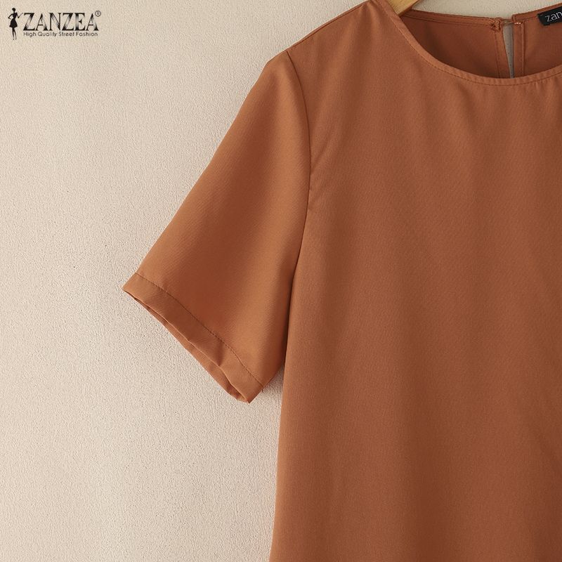 ZANZEA Women Casual Round Neck Solid Color Loose Summer Dress
