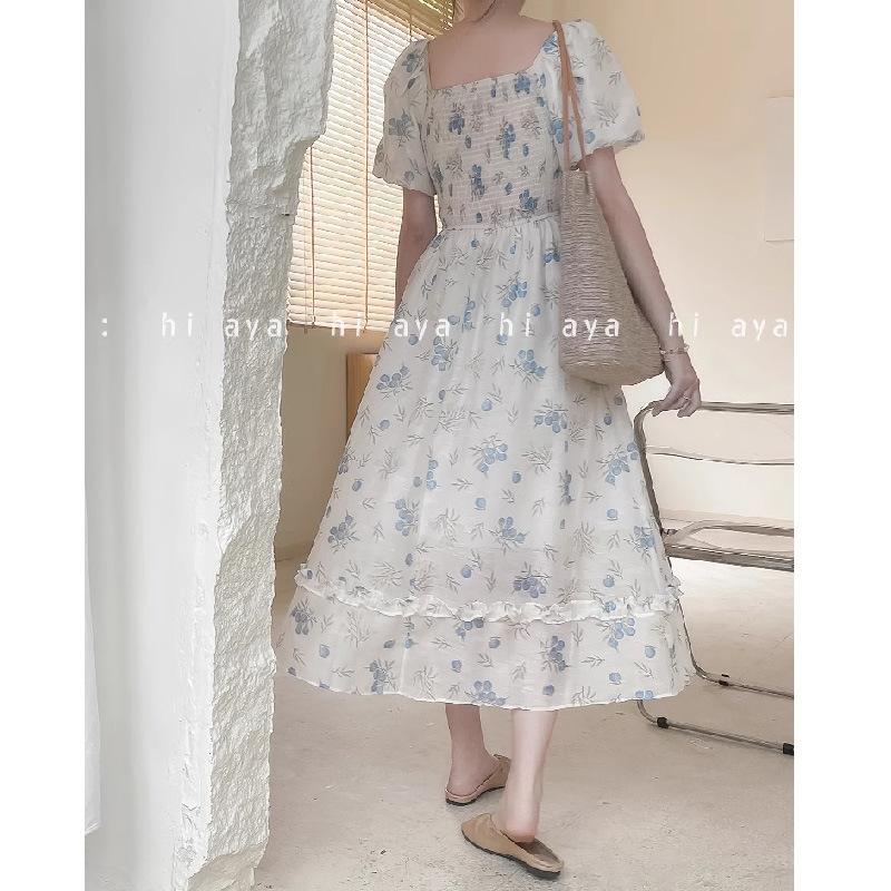 French floral dress female fat sister large size waist thin knee medium length skirt high waist A skirt square collar