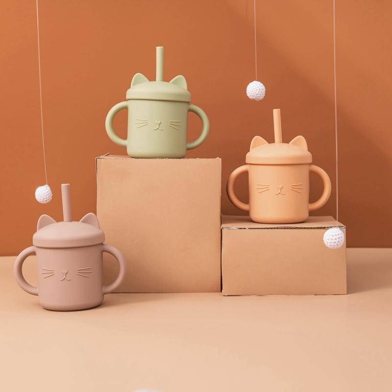 Baby Silikon Strohhalm Fütterbecher BPA-frei Kinder Tragbar Cartoon Kitty Trinkbecher Kinder Lernen Auslaufsicher Wasser Fütterbecher