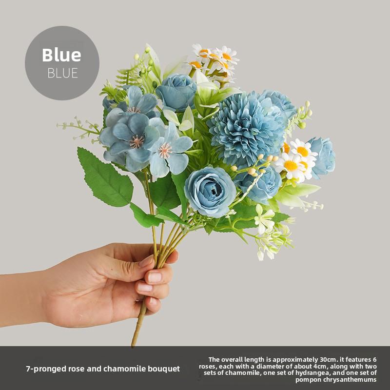 Simulated Artificial Flower 7-pronged Rose Chamomile for Balcony Landscape Decoration, Simulated Silk Flower Rose синий