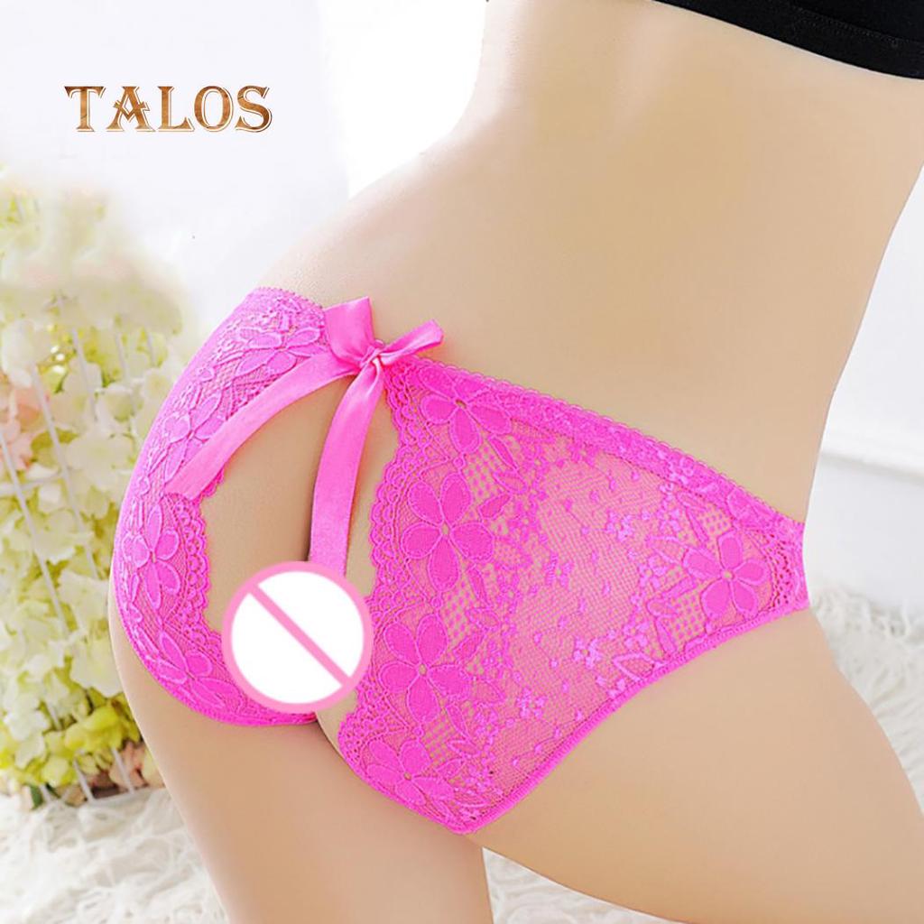 Sexy Crotchless Floral Lace See-through Panties Women Bowknot Briefs Underwear Female Clothing
