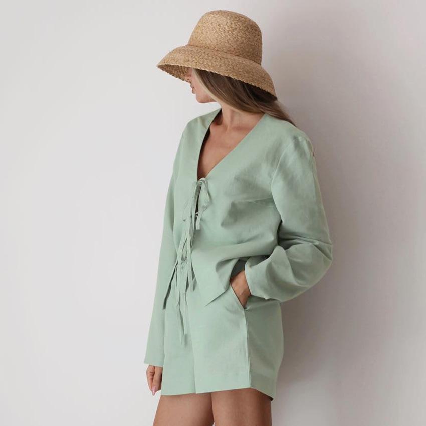 2025 Summer White Lace Up Shirts For Women‘s Elegant Loose Long Sleeve V-neck Blouse Female Solid Causal Street Chic Lady Tops