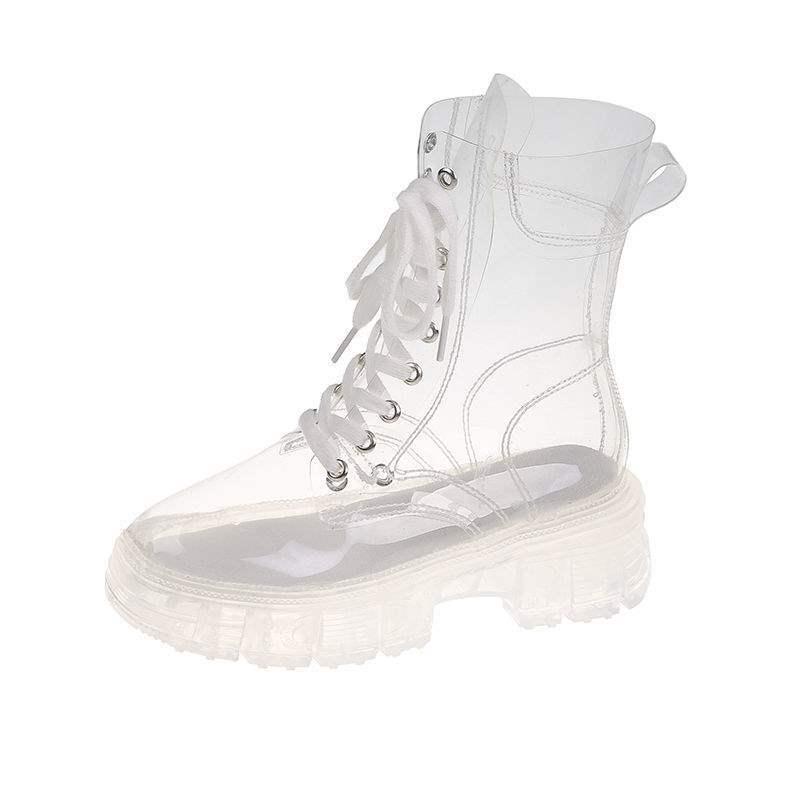 Transparente Schnür-Martin-Boots im koreanischen Stil: Kristallsohle, Knöchel-Sneakers mit dicker Sohle für Damen und Studentinnen - Modische Regenstiefel