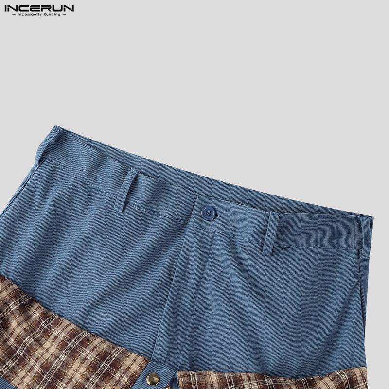 INCERUN Men Zip-up Plaid Wrap Waist Casual Loose Texture Baggy Trousers Pants