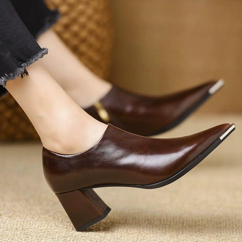 French Temperament All-match Comfortable Side Zipper British Style Retro Leather Shoes Pointed Deep-mouthed Thick-heeled Shoes