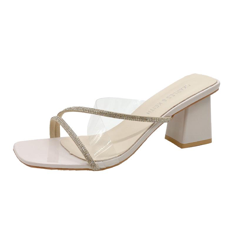 Sommer neue Damen Dicke Ferse Hausschuhe einfach Mode transparent kühl Hausschuhe tragen eckige Zehen halbe Hausschuhe