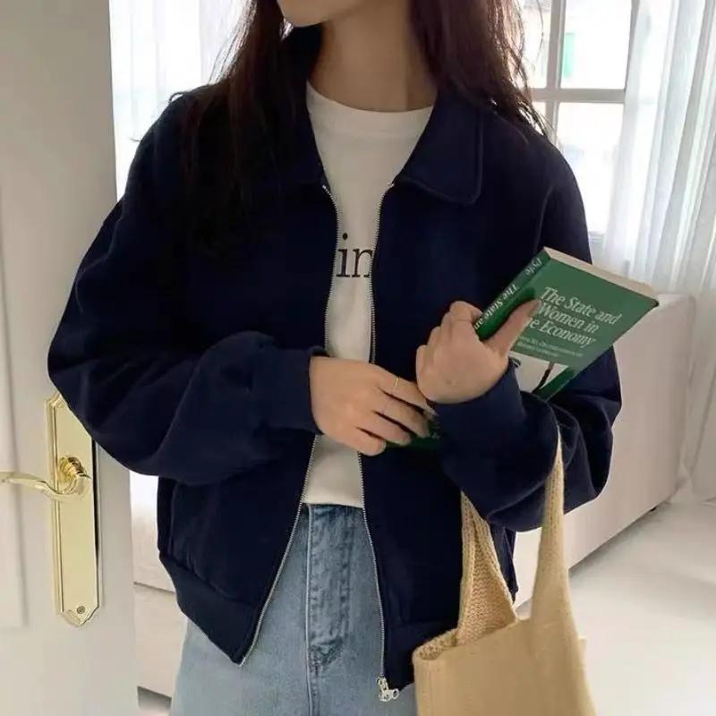 Design Long-sleeved Jacket Autumn Winter American Short Light Gray Top Double Zipper Sweatshirt Cardigan Women's