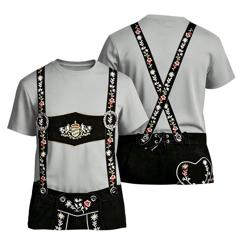 Men's Oktoberfest Short Sleeve T Shirt Vintage Texture Print Loose Fit Casual Summer Daily Wear Top with Embroidered Suspenders Design