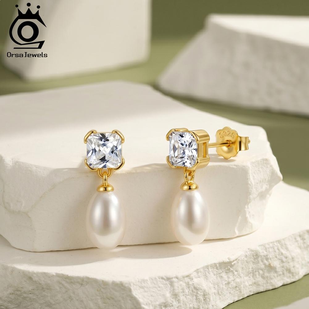 ORSA JEWELS 925 Sterling Silver Fashion Natural Baroque Pearl Drop Earrings for Women Sweet Elegant Party Dangle Jewelry GPE141
