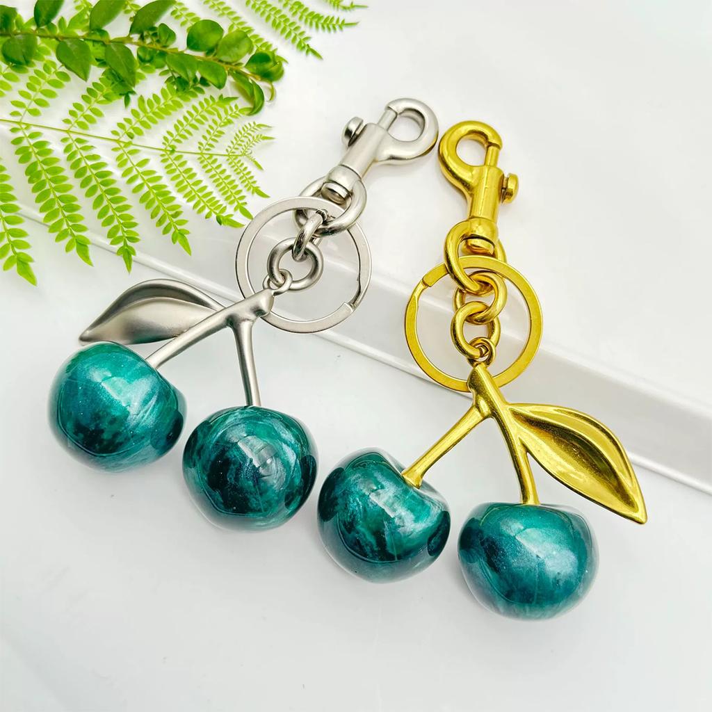 Cute Flowing Green Cherry Keychain Summer Fruits Cherries Pendant Keyring for Women Girls Jewelry Bag Accessories Gift