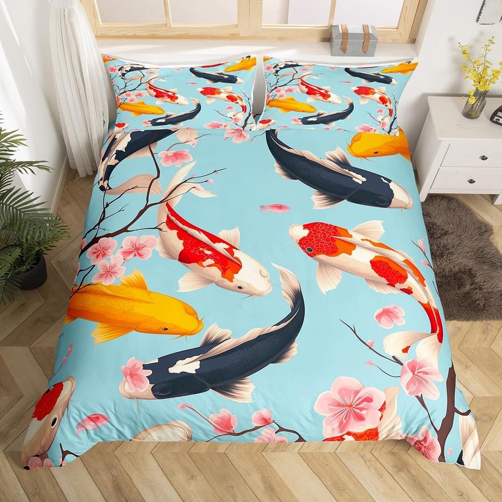 Comforter Koi Fish Full Queen Japanese Cherry Blossom Tree Bedding Set Marine Sealife Comforter For Kids Teen Room Decor
