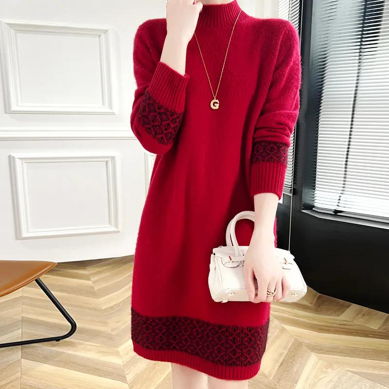 Women's Loose-Fit Wool Knit Base Layer Skirt for Fall/Winter Comfortable High-Neck Dress