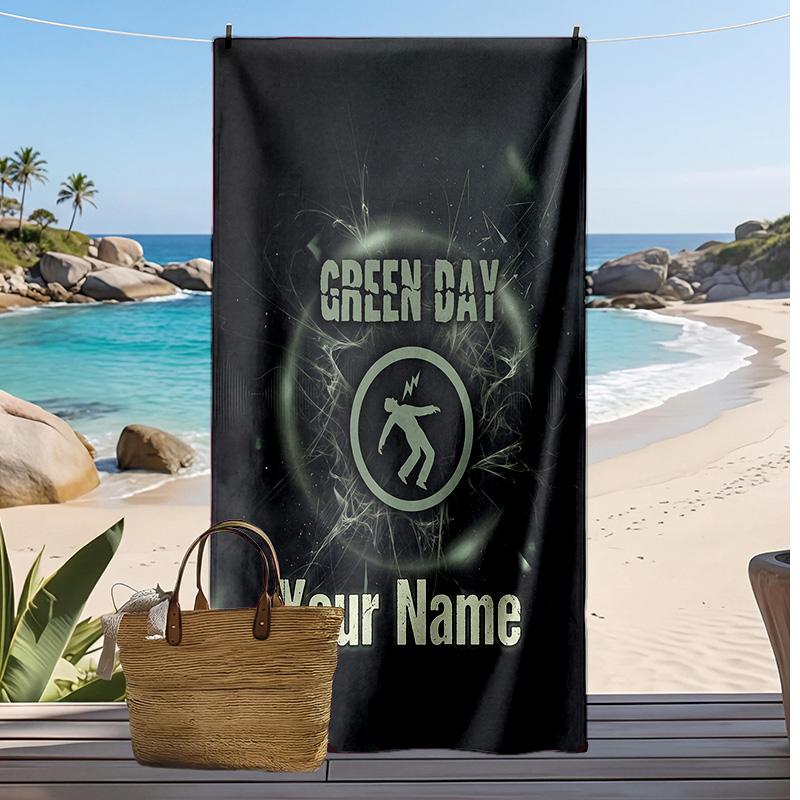 Green Day Custom Beach Towel, Print Your Name Text Lightweight Absorbent Towel for Swimming Travel