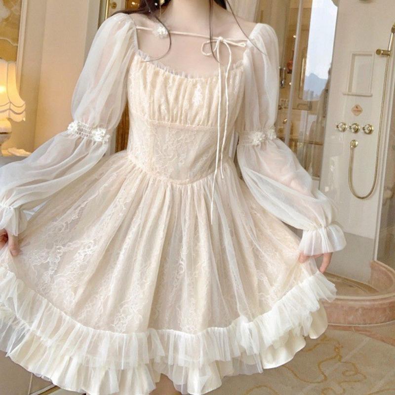 

Summer A-line Ruffles Mesh Dress Women Korean Sweet Apricot Women Mini Dress Square Collar Long Puff Sleeve Princess Dresses XL