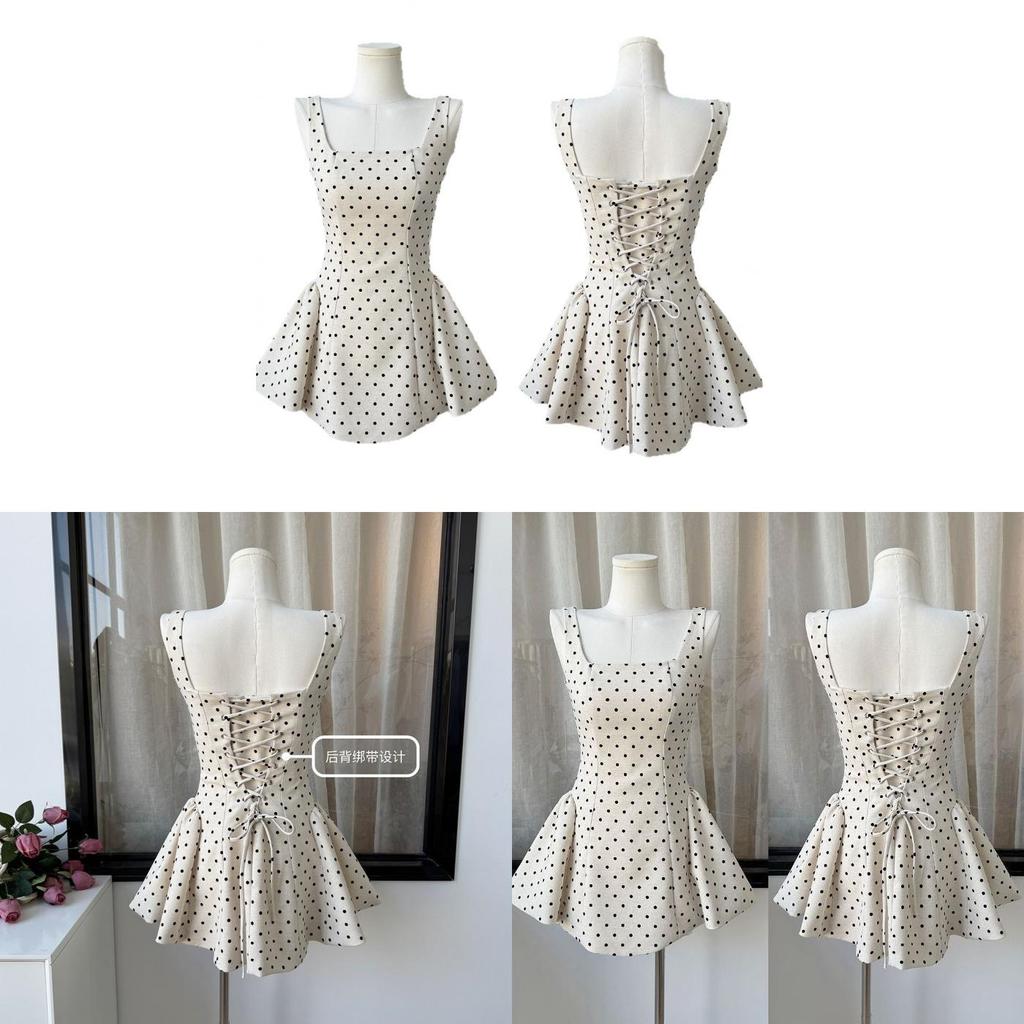 Französisches gepunktetes Sommerkleid für Mädchen, lässig, A-Linie, ärmellos, hohe Taille, mit 3D-Verzierungen